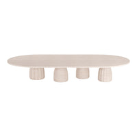 Light beige oval coffee table with textured cylindrical legs, showcasing a minimalist design and natural tones.