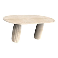 Light beige oval table with a smooth surface and textured cylindrical legs, showcasing a minimalist design.