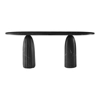 Black oval marble table with ribbed cylindrical bases, featuring a sleek modern design and polished finish.