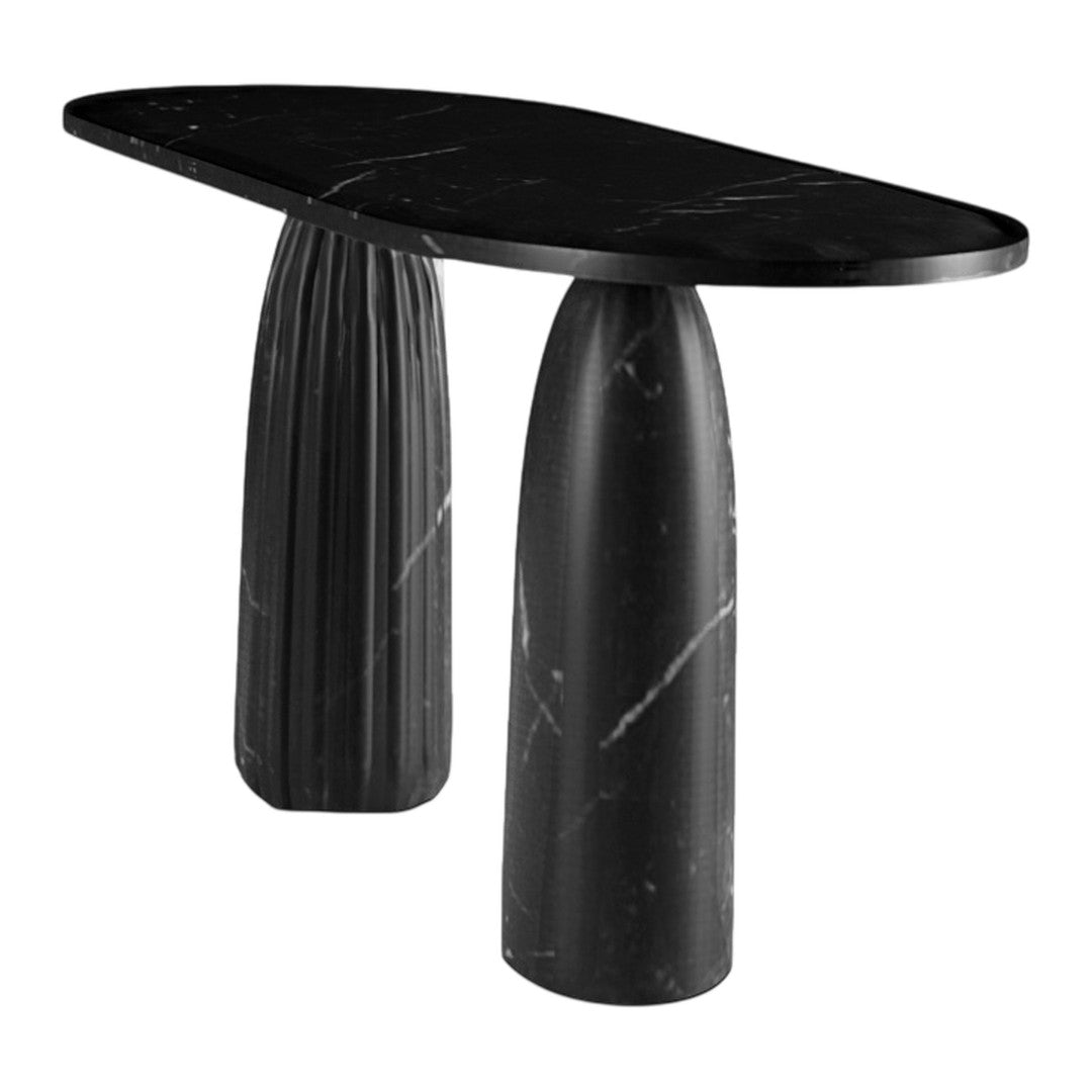 Black marble console table with a smooth tabletop and textured fluted bases, featuring elegant white veining patterns.