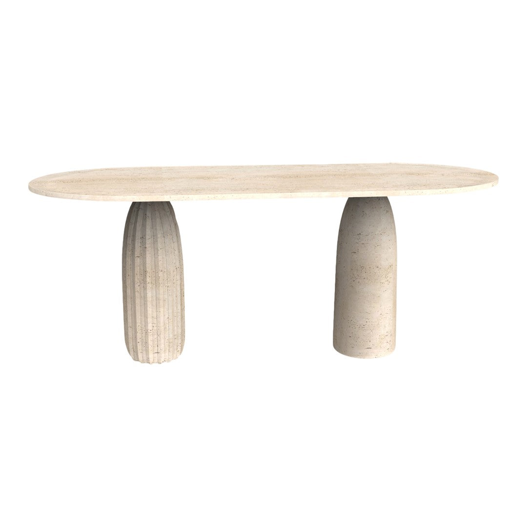 Minimalist oval table in beige with textured stone pedestal bases for a contemporary look.
