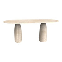 Minimalist oval table in beige with textured stone pedestal bases for a contemporary look.