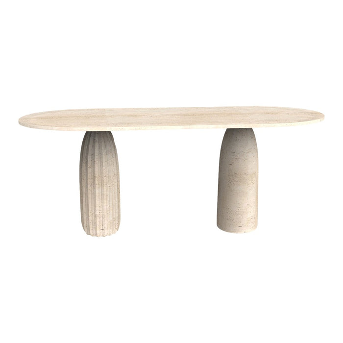Minimalist oval table in beige with textured stone pedestal bases for a contemporary look.