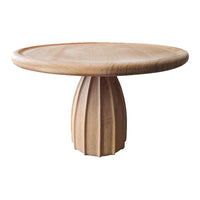 Round wooden table with a natural finish and ribbed pedestal base, showcasing warm tones and smooth textures.