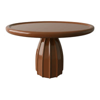 Round chocolate brown table with a smooth surface and textured fluted pedestal base. Ideal for modern decor.