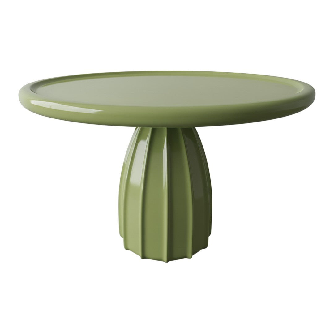 Green round tabletop with a fluted pedestal base, featuring a glossy finish for a modern look.