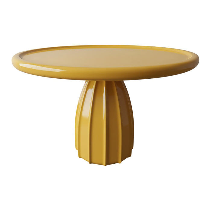 Round yellow table with a glossy finish and textured pedestal base. Modern design perfect for brightening any space.