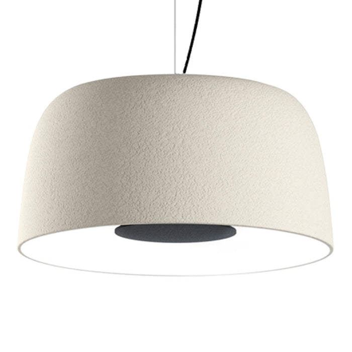 Textured off-white pendant lamp with a smooth black rim, perfect for modern decor.