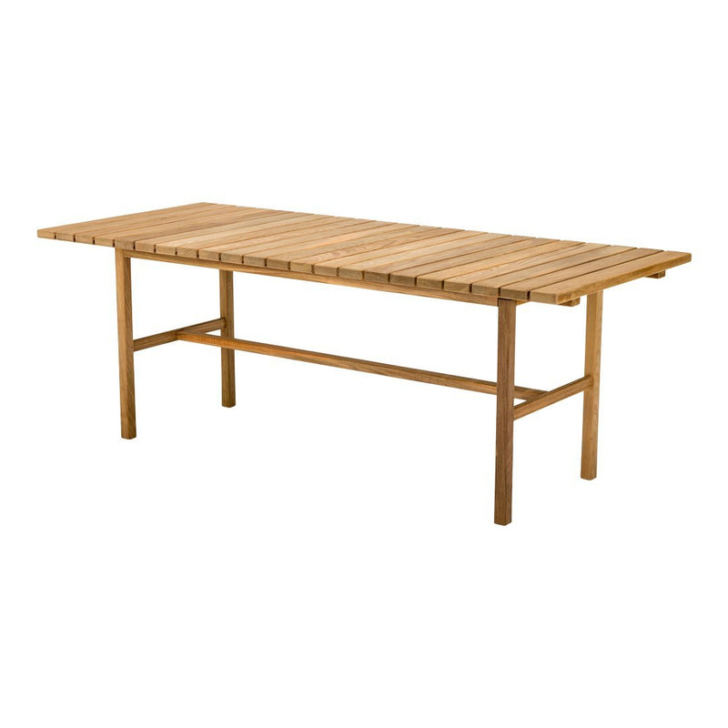 Wooden dining table with a natural bamboo finish and sleek slatted design. Perfect for outdoor settings.