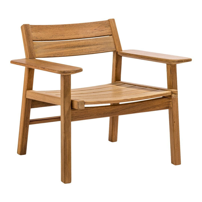 Natural wood armchair with a smooth, light brown finish and simple, linear pattern. Ideal for indoor or outdoor use.