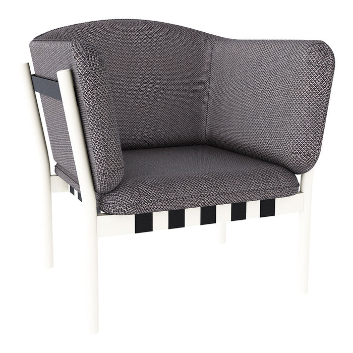 Gray textured upholstery with a modern black and white striped base, featuring clean lines and a contemporary design.