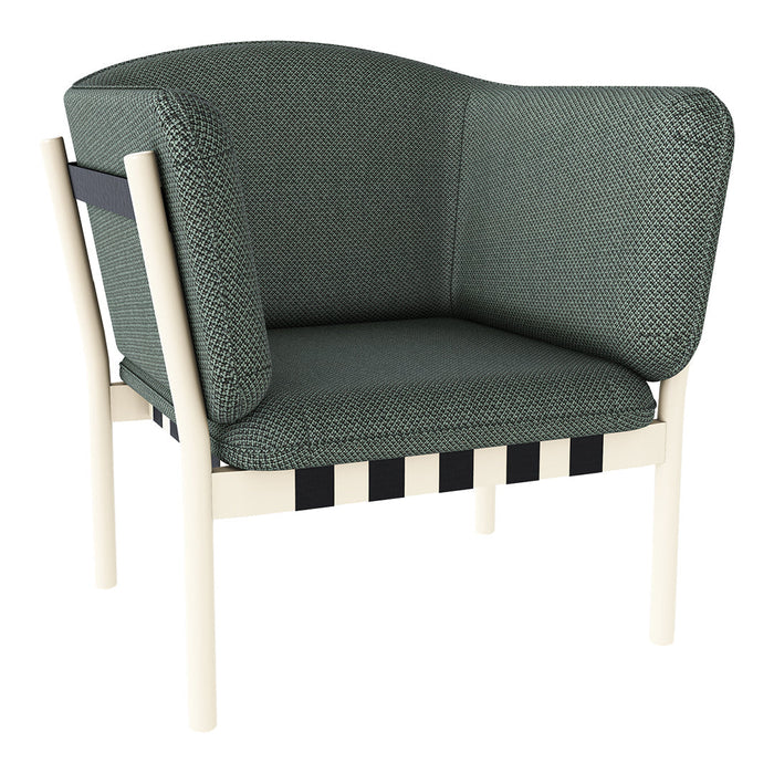 Stylish green patterned sofa chair with black and white striped base and a modern design.