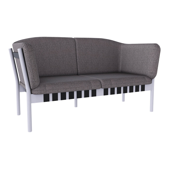 Gray upholstered loveseat with a sleek white frame, accented by a unique black and white piano-key pattern.