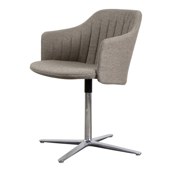 Gray upholstered chair with a ribbed pattern and chrome base, perfect for modern interior decor.