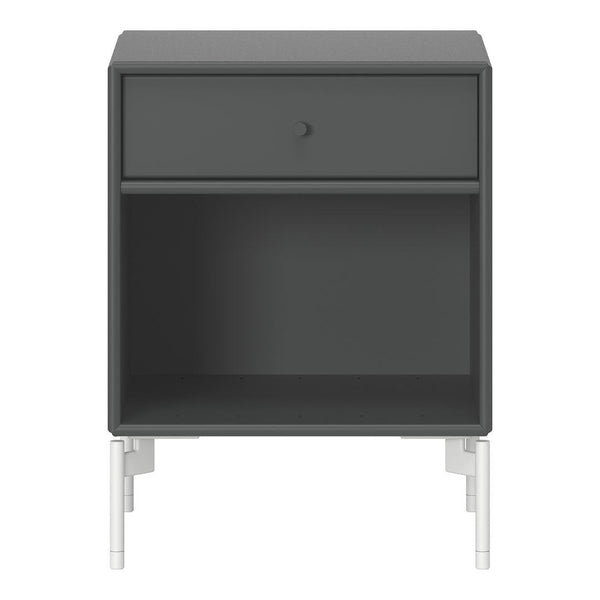 Gray nightstand with a smooth finish, featuring a single drawer and white metal legs for a modern look.