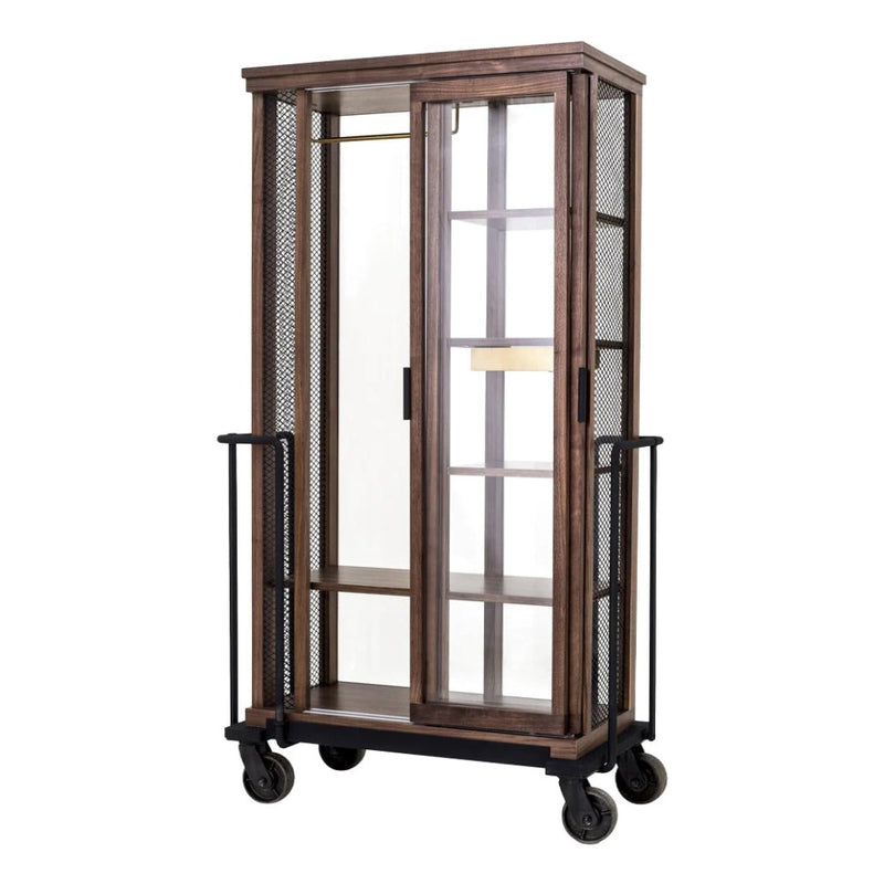 Rustic wood and metal display cabinet with glass panels, featuring a warm brown finish and industrial black accents.