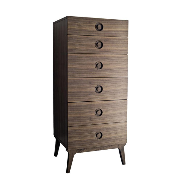 Tall brown wooden dresser with a sleek, horizontal stripe pattern and round dark knobs. Perfect for stylish organization.