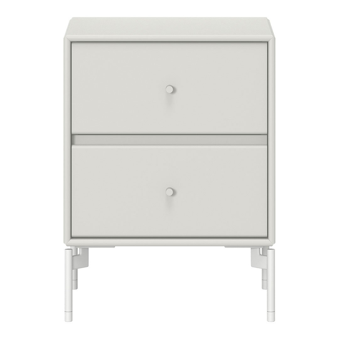 Modern white nightstand with smooth, minimalist design and subtle matte finish, featuring two spacious drawers.