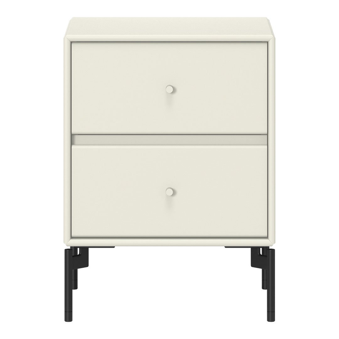 Cream bedside table with two drawers, featuring a smooth, minimalist design and contrasting black legs.