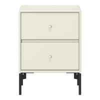Cream bedside table with two drawers, featuring a smooth, minimalist design and contrasting black legs.