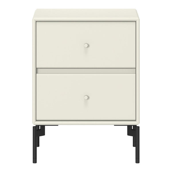 Cream bedside table with two drawers, featuring a smooth, minimalist design and contrasting black legs.