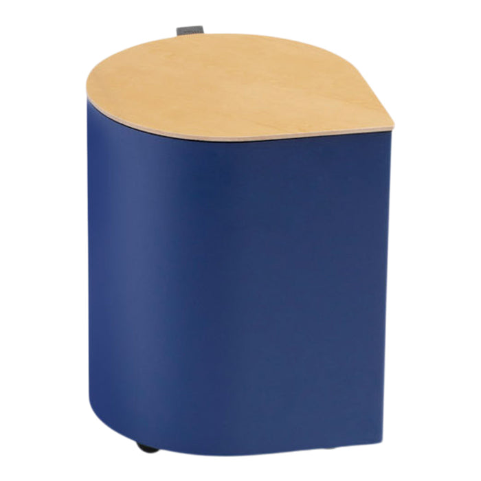 Round navy blue storage cube with a light wood top, featuring a smooth finish and minimalist design.