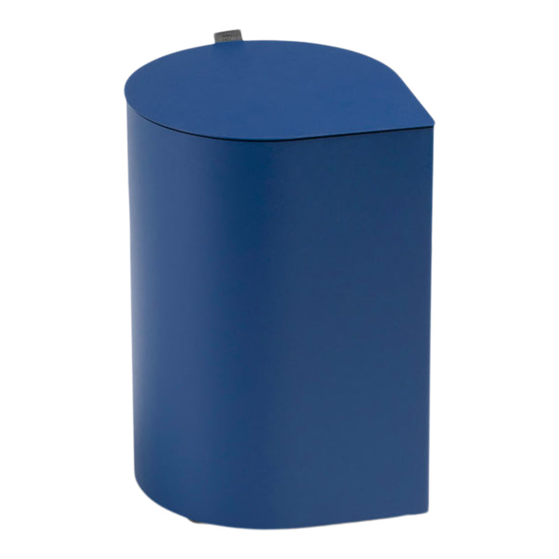 Sleek blue metal waste bin with a modern curved design and smooth matte finish. Perfect for contemporary spaces.