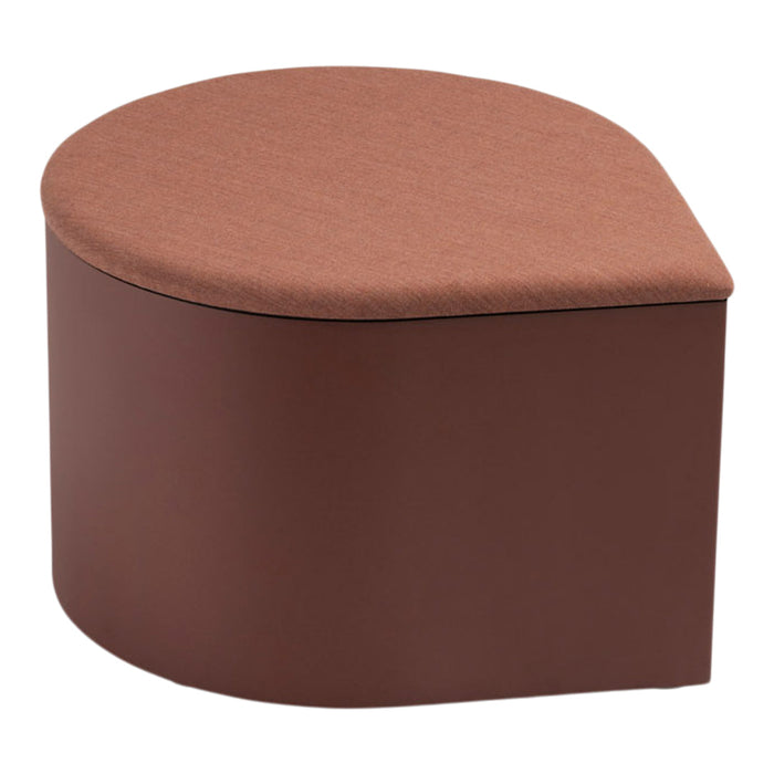 Round brown storage ottoman with a soft, textured brown fabric top and smooth finish. Ideal for modern decor.