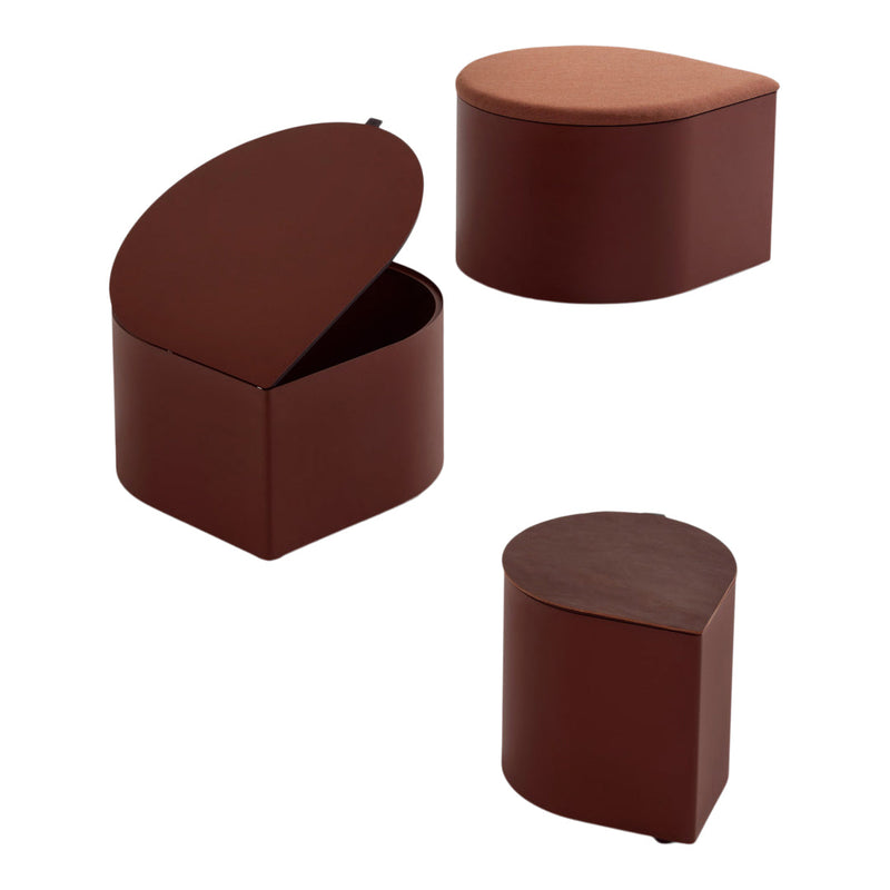 Set of three chic brown storage boxes with sleek, smooth surfaces and curved lids. Ideal for organizing stylishly.