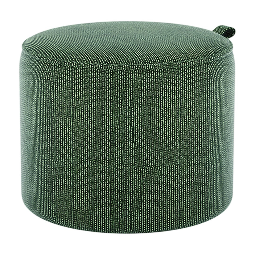 Green upholstered pouf with a subtle, textured pattern, perfect for adding style to any space.
