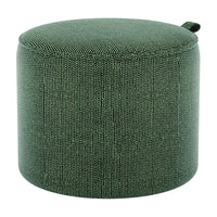 Green upholstered pouf with a subtle, textured pattern, perfect for adding style to any space.