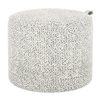 Round pouf in a textured black-and-white speckled pattern, ideal for modern decor. Fabric finish adds a stylish touch.
