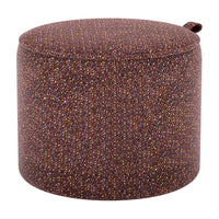 Round ottoman in rich brown with vibrant multicolor specks, adding a stylish touch to any space.