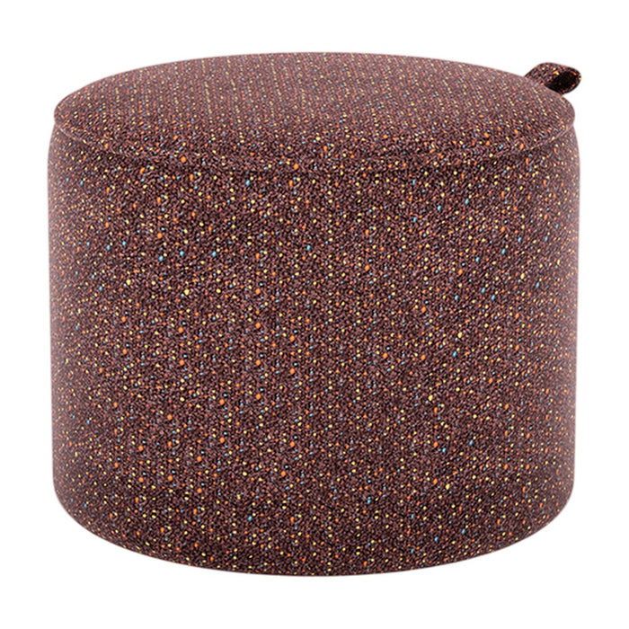 Round ottoman in rich brown with vibrant multicolor specks, adding a stylish touch to any space.