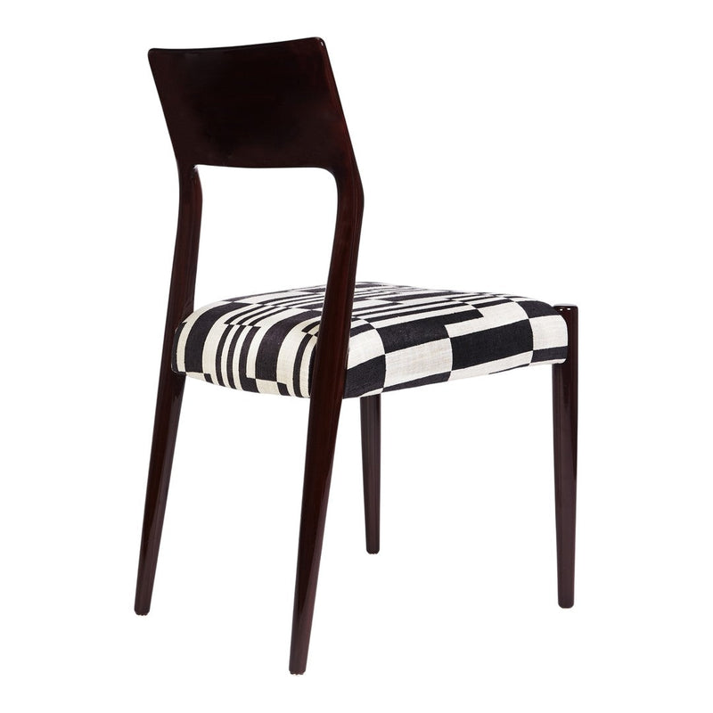 Black and white striped patterned chair with dark wooden legs, ideal for modern decor.