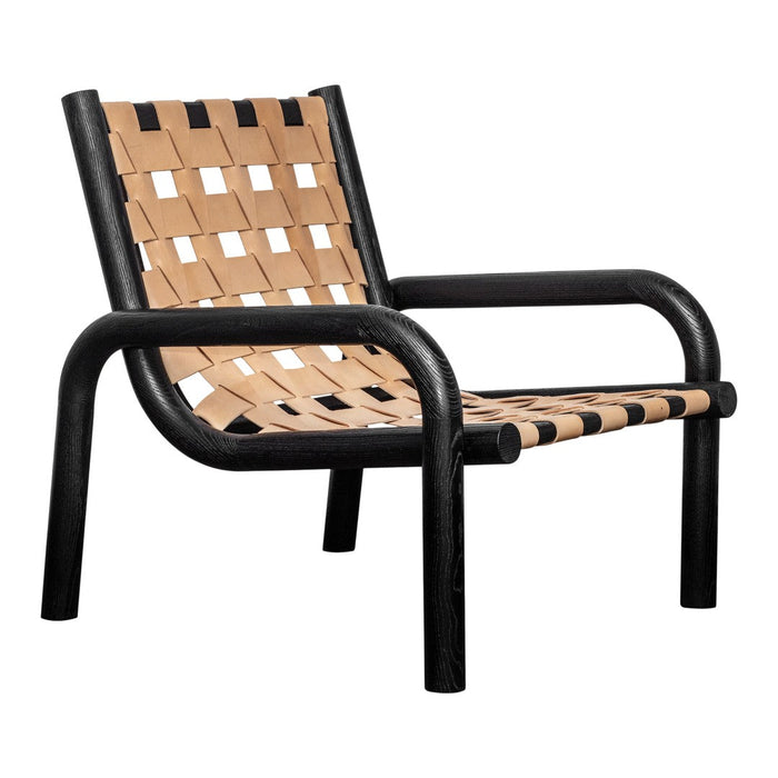 Black and tan woven chair with a modern design and bold geometric patterns. Ideal for contemporary decor.