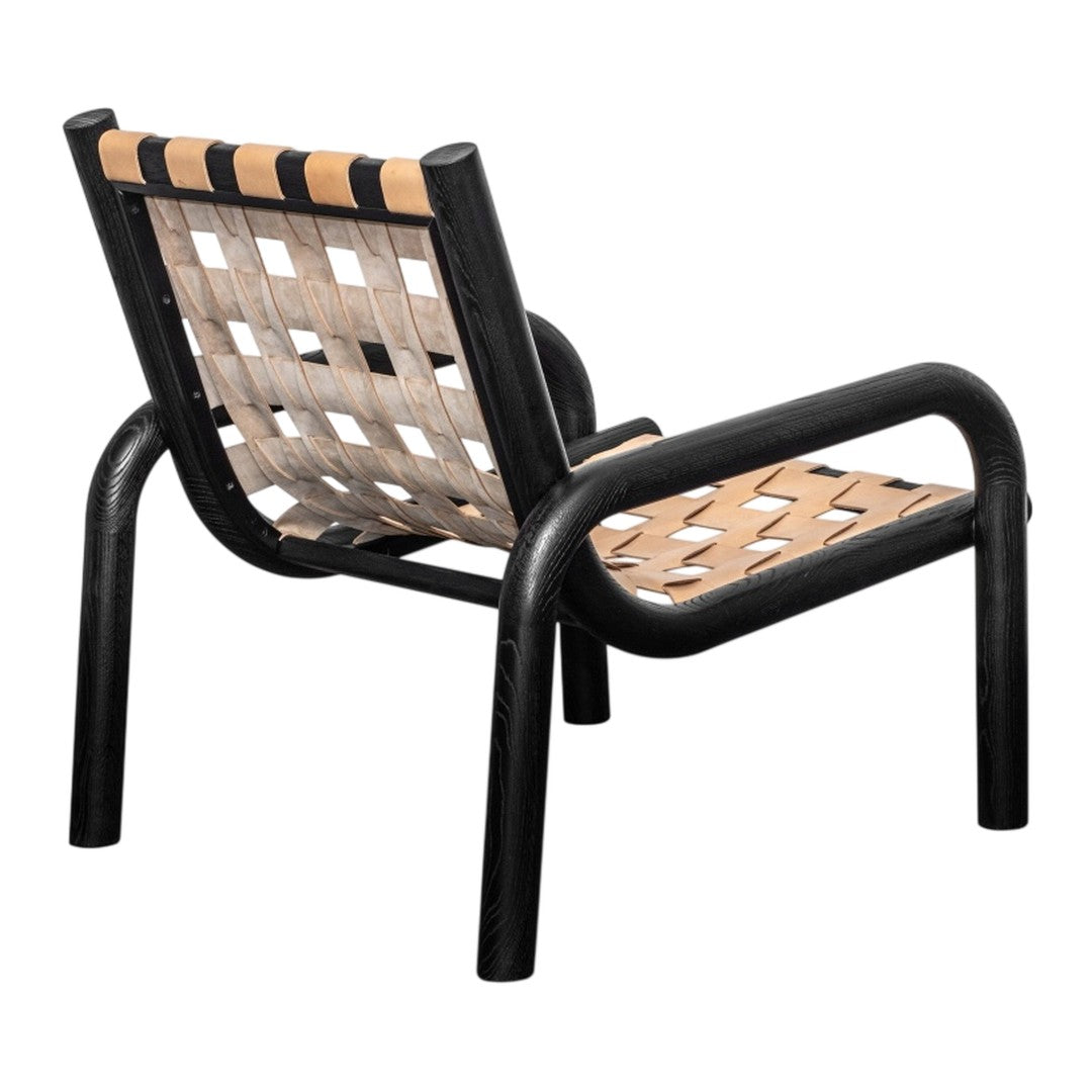 Black and natural woven pattern chair with a modern design, featuring bold black frames and stylish beige detailing.