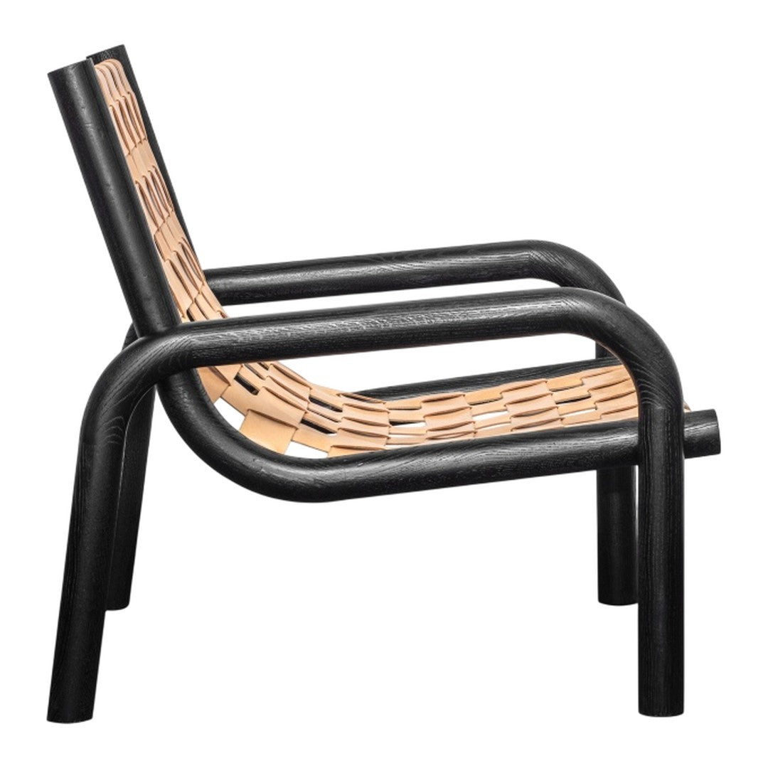 Black and natural rattan chair with a modern design featuring sleek lines and a woven pattern.
