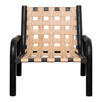 Black and natural woven pattern chair with a modern design, featuring contrasting colors and intricate texture.