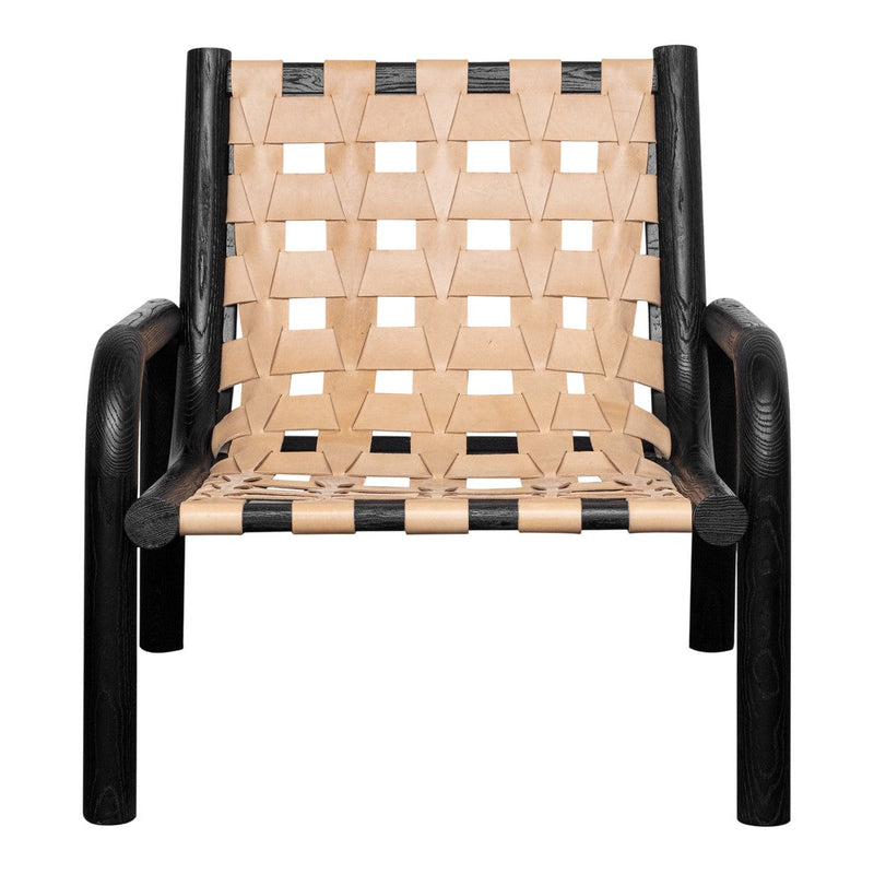 Black and natural woven pattern chair with a modern design, featuring contrasting colors and intricate texture.