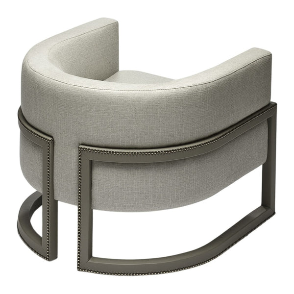 Curved gray chair with subtle texture, featuring a sleek dark metal frame and a modern minimalist design.
