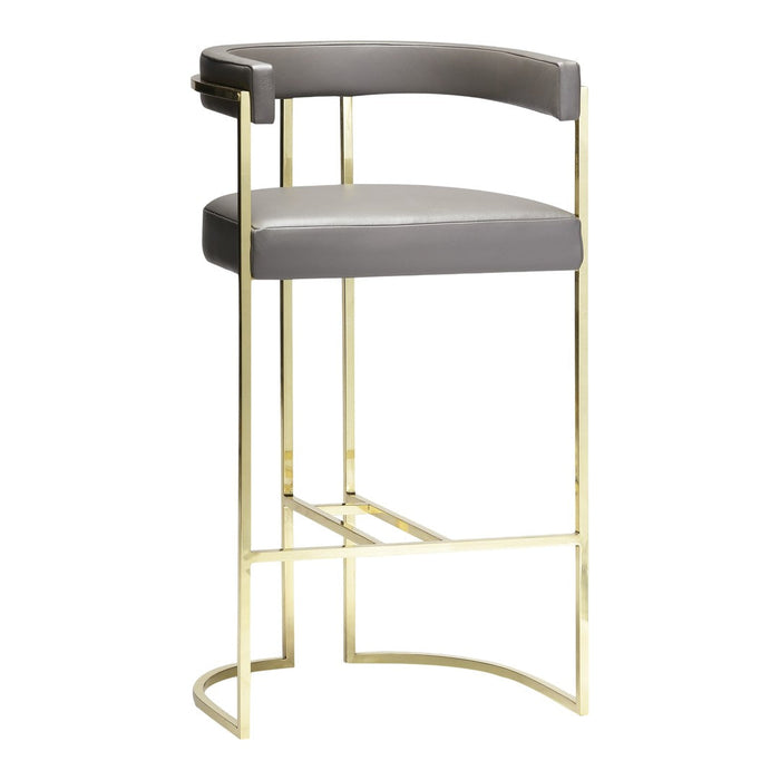 Stylish gray bar stool with a sleek gold metal frame, featuring a smooth, minimalist design.