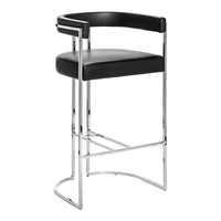 Black leather bar stool with sleek chrome legs and minimalist design. Perfect for modern interiors.