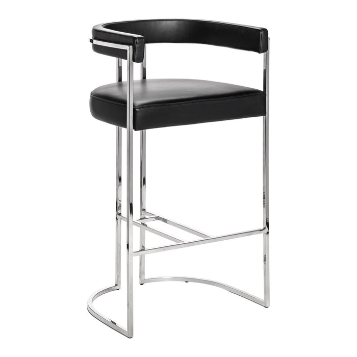 Black leather bar stool with a sleek chrome frame and modern design. Ideal for stylish contemporary spaces.