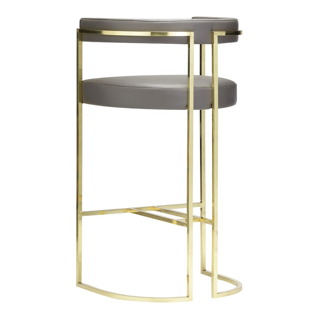 Elegant gray stool with a sleek gold metal frame and minimalist design, featuring a smooth circular top and base.