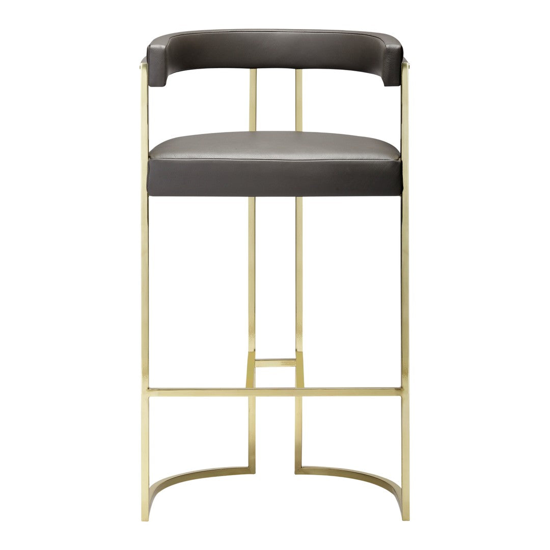 Modern gray upholstered bar stool with a sleek gold metal frame, featuring a minimalist design.