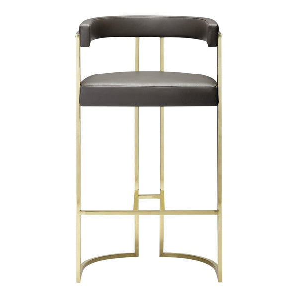 Modern gray upholstered bar stool with a sleek gold metal frame, featuring a minimalist design.