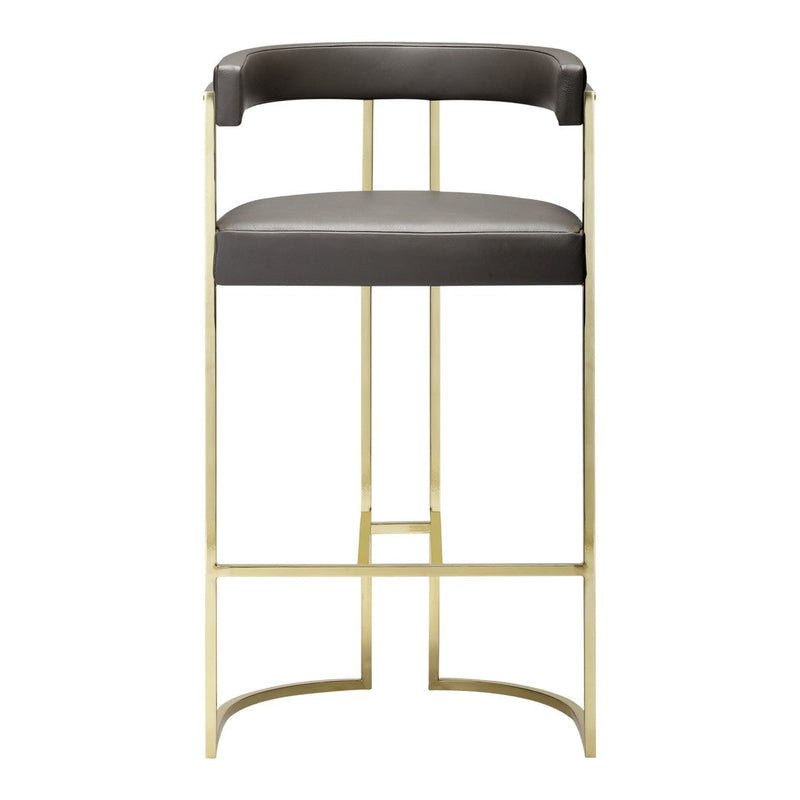 Modern gray upholstered bar stool with a sleek gold metal frame, featuring a minimalist design.