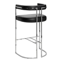 Black leather bar stool with sleek chrome frame and minimalist design, perfect for modern decor.