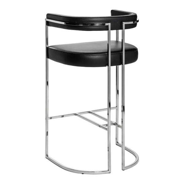 Black leather bar stool with sleek chrome frame and minimalist design, perfect for modern decor.